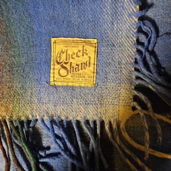 Modern look, excellent vintage blanket, wool & rayon, check shawl pattern - Picture 3 of 6